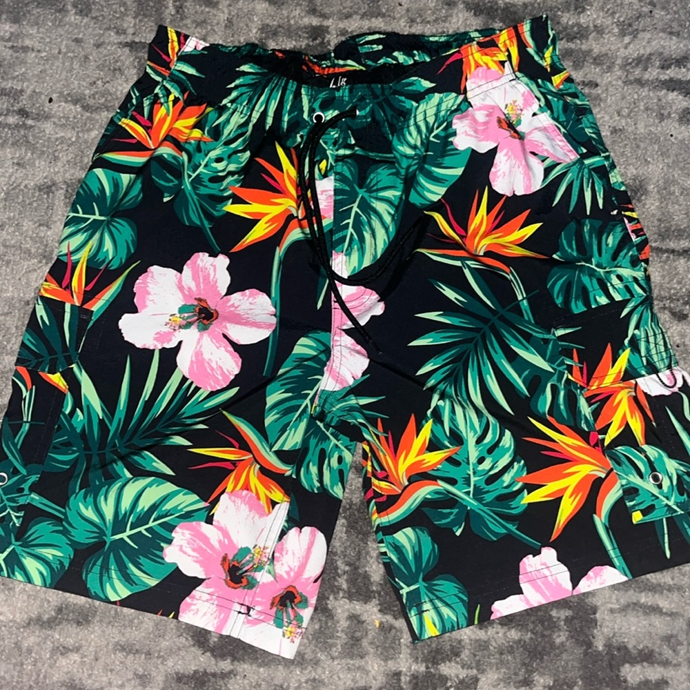 Black Floral Swim Trunks